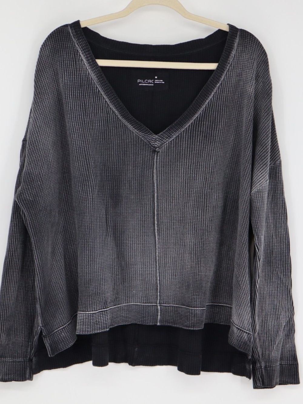 Pilcro Anthropologie Waffle Knit V-Neck Top M Black Long Sleeve Cotton Stretch